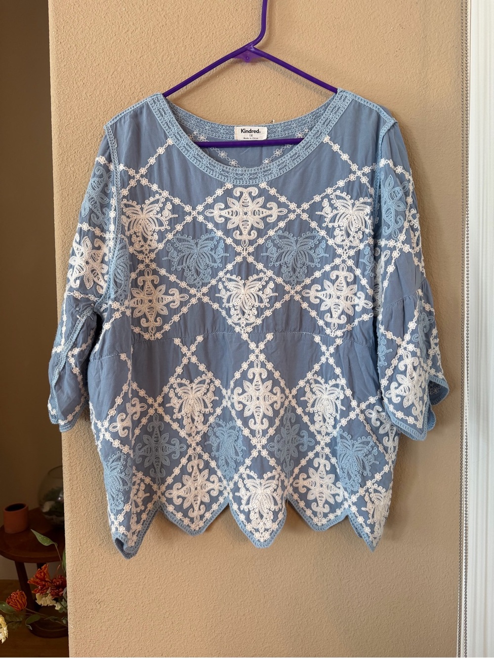 Kindred Blue Embroidered Lace-Trim Top